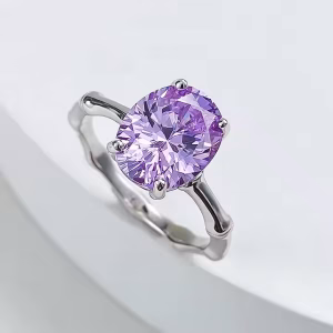 2024 New S925 Silver 8*10 Lavender Purple Diamond oval cut bamboo ring for girlfriend