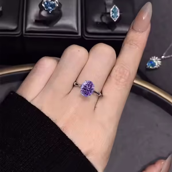 2024 New S925 Silver 8*10 Lavender Purple Diamond oval cut bamboo ring for girlfriend - Image 3